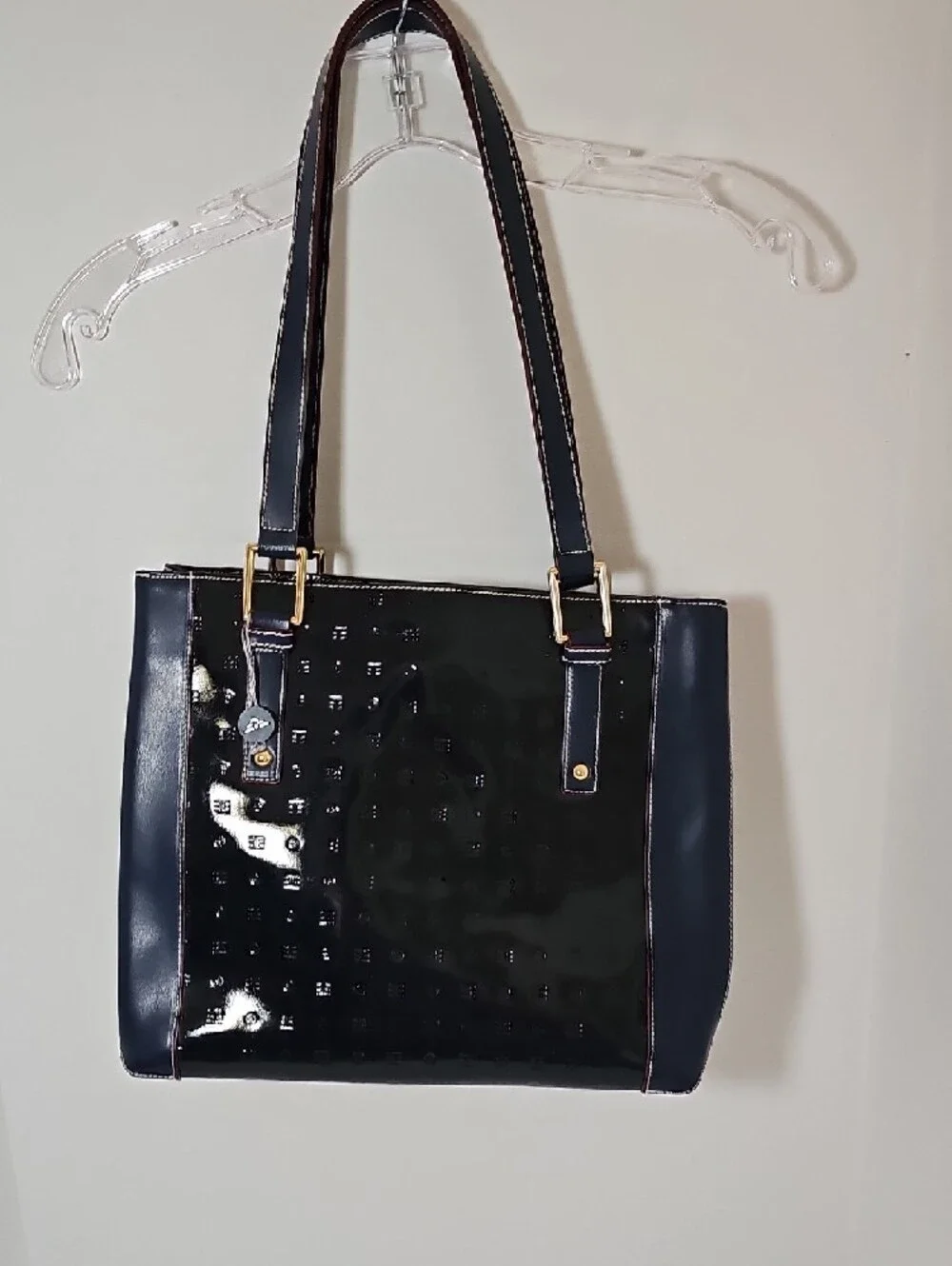 Arcadia Navy Patent Shoulder Tote with Gold Hardware - Picture 4 of 15